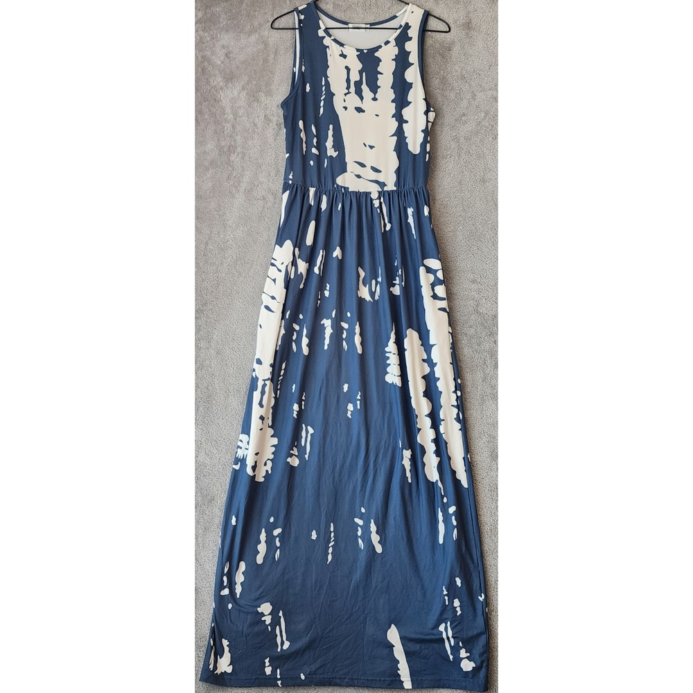 Hount Maxi Dress Womens Small Blue White Tie Dye Sleeveless Empire Waist Pockets